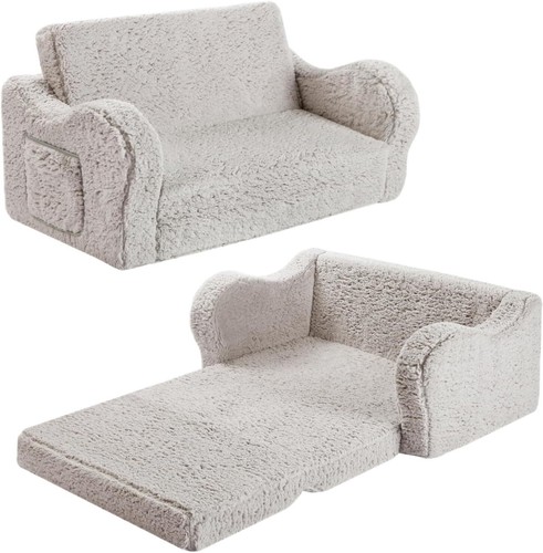 2-In-1 Toddler Soft Sherpa Couch Fold Out, Convertible Sofa to Lounge - Picture 9 of 10