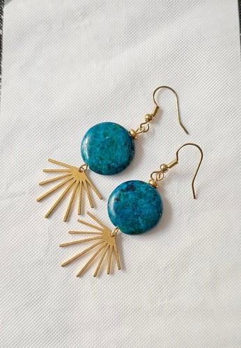 Handmade Gold Sunburst Dangle Pendant Earrings with Teal Chrysocolla Gemstones - Picture 5 of 14