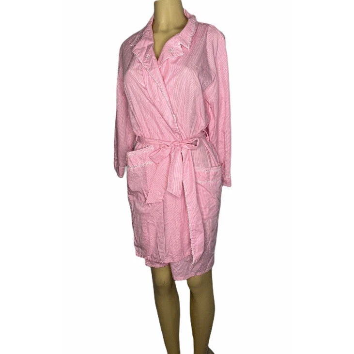 Aria Rosa Blanco Guinga Cuadros Envolvente Cinturón Bata Manga Larga Casa Abrigo S/M Foto 3 de 4