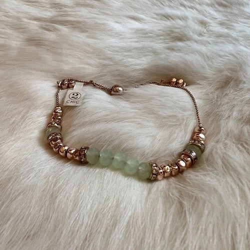 Fairy Mint Green Bead Bracelet Rhinestone Rose Gold Tone Boho Cottagecore 11273 - Picture 5 of 9