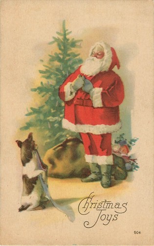 Tarjeta postal vintage de Navidad de 1920 Alegrías de Navidad Santa Claus linda tarjeta fabulosa de perro - Imagen 1 de 2