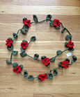 Red Flower Green Leaf Garland 60" Handmade Crochet Door Window Dorm Decor