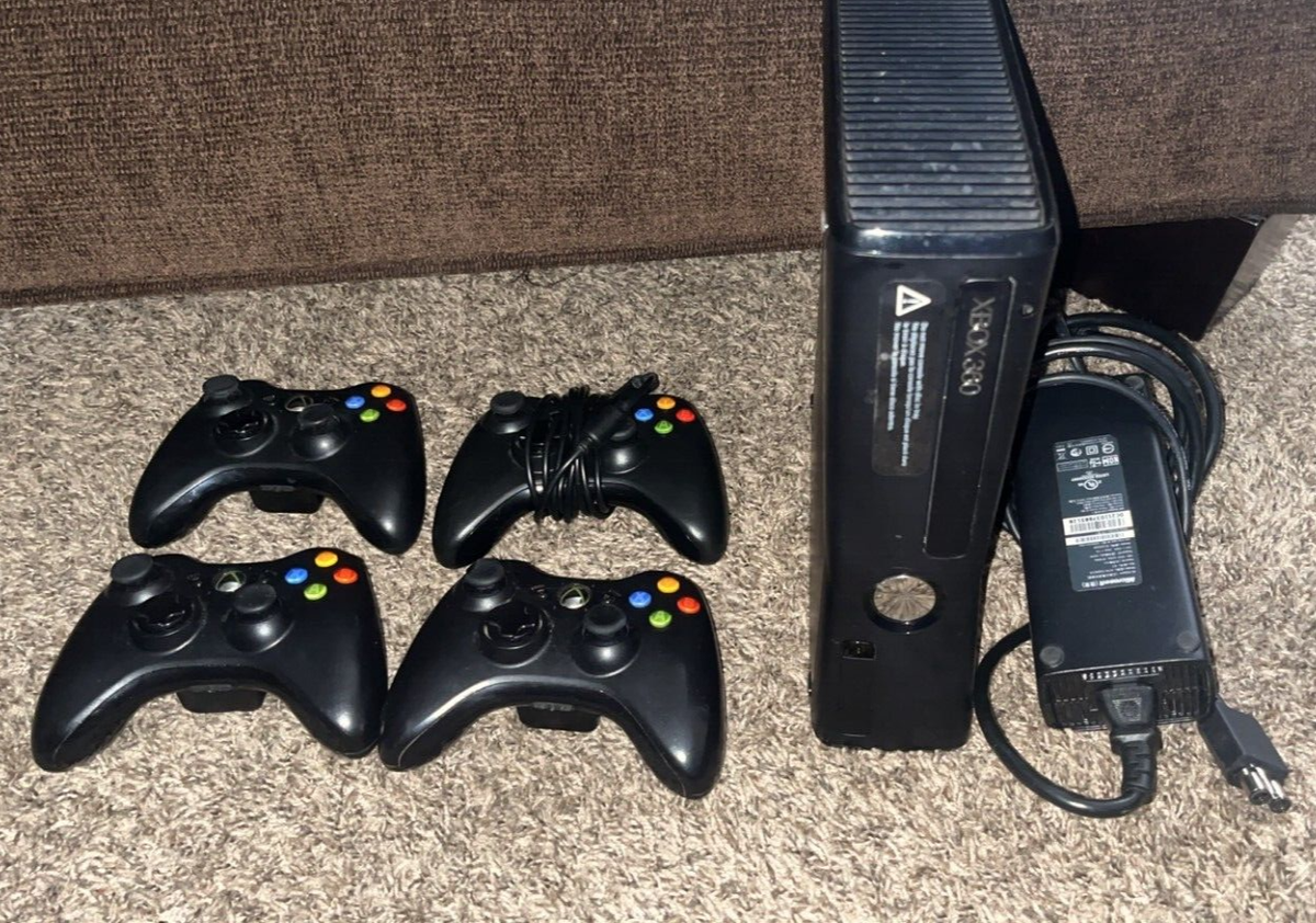 Microsoft Xbox 360 S Slim Black Console with 4 Controllers