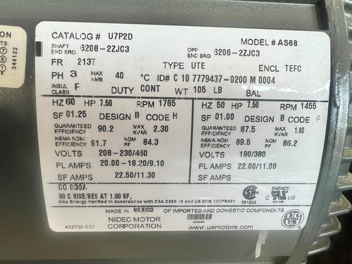 NEMA Gen. Purp. Motor - 7.5 hp, 1800 rpm, 3 ph, 190/380 208-230/460 V, 213T Fr - Picture 3 of 10
