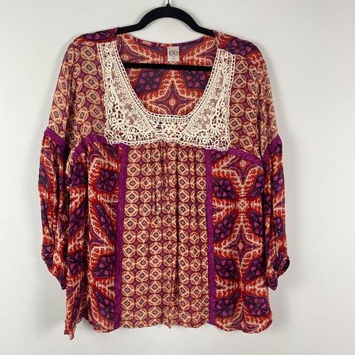 Bila 3/4 Sleeve Drop Shoulder Crochet Trim Top Size XL Sheer 3/4 Sleeves - Picture 1 of 11