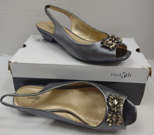 Liz Claiborne Helena Silver Pewter Sling Back Open Toe Heels Jeweled Size 8 Med - Picture 2 of 11