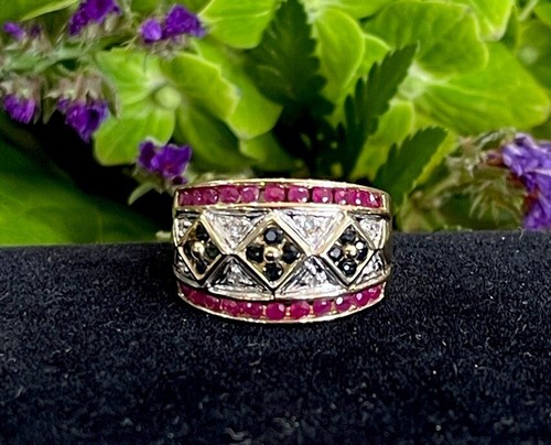 14kt Yellow Gold Diamond Ruby Sapphire Ring - Size 6.5 - Picture 9 of 14