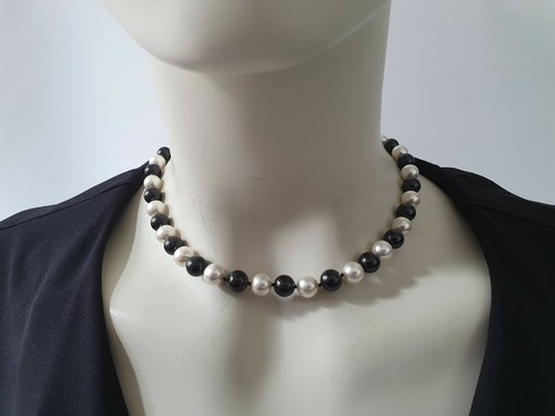 Pierre Lang Onyx Perlen Halskette rhodiniert 40cm 8mm schwarz weiß - Bild 3 von 3