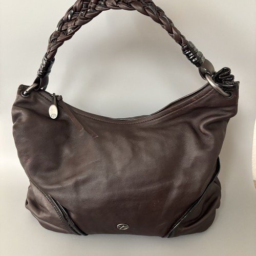 Francesco Biasia Leather Shoulder Handbag Brown Braided Double Handles - Picture 20 of 20