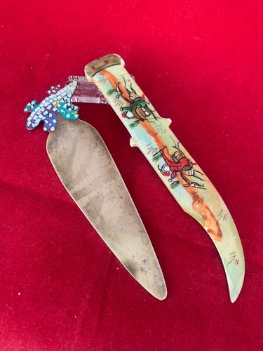 LETTER OPENER ABRECARTAS METAL Y HUESO VINTAGE SALAMANDER AND CHINESE FIGHTING - Picture 3 of 19