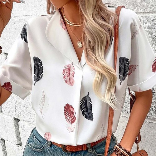 Women's Summer Casual V-Neck Feather Shirt Plus Size Short Sleeve Blouse Tops - Picture 40 of 42