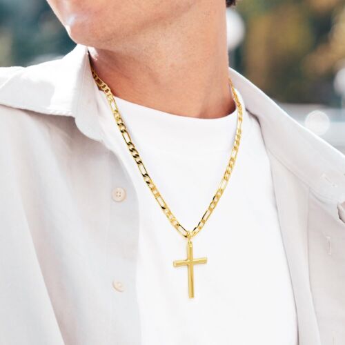 14k Gold Cross Necklace for Men Large Gold Cross Pendant Figaro Chain for Men... - Picture 3 of 7