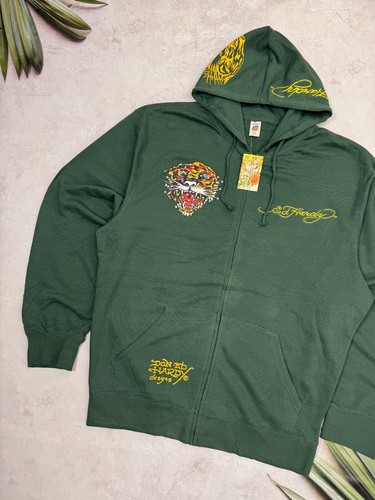 Ed Hardy Zip Hoodie Christian Audigier Big Tiger Logo Green Y2K size 2XL - 3XL - Picture 3 of 24