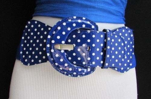 Women Blue Stretchy Hip High Waist Tie Belt White Polka Dots Pattern M L XL - Picture 12 of 16