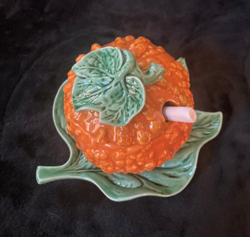 Vtg. Bordallo Pinheiro Orange Gourd/Squash w/Green Leaf Condiment Bowl w/Spoon - Picture 2 of 9