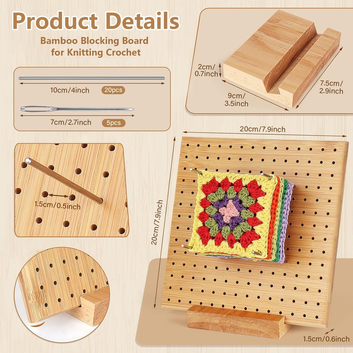 YTACREA Granny Square Spanner 29cm - Häkelbrett Mit 20 Edelstahl Stiften Aus Bambus