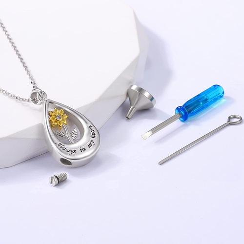 Sunflower Teardrop Urn Necklaces for Ashes - Silver Sunflower in the Teardrop Me - Picture 6 of 7