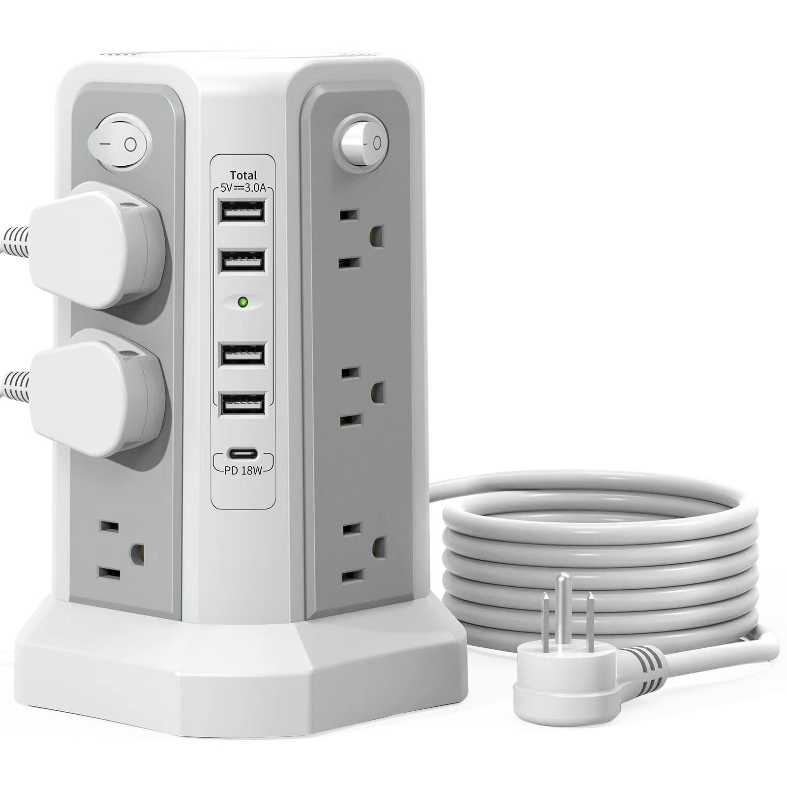 Surge Protector Power Strip Tower with USB C Port(PD18W),10FT Extension Cord ...-image