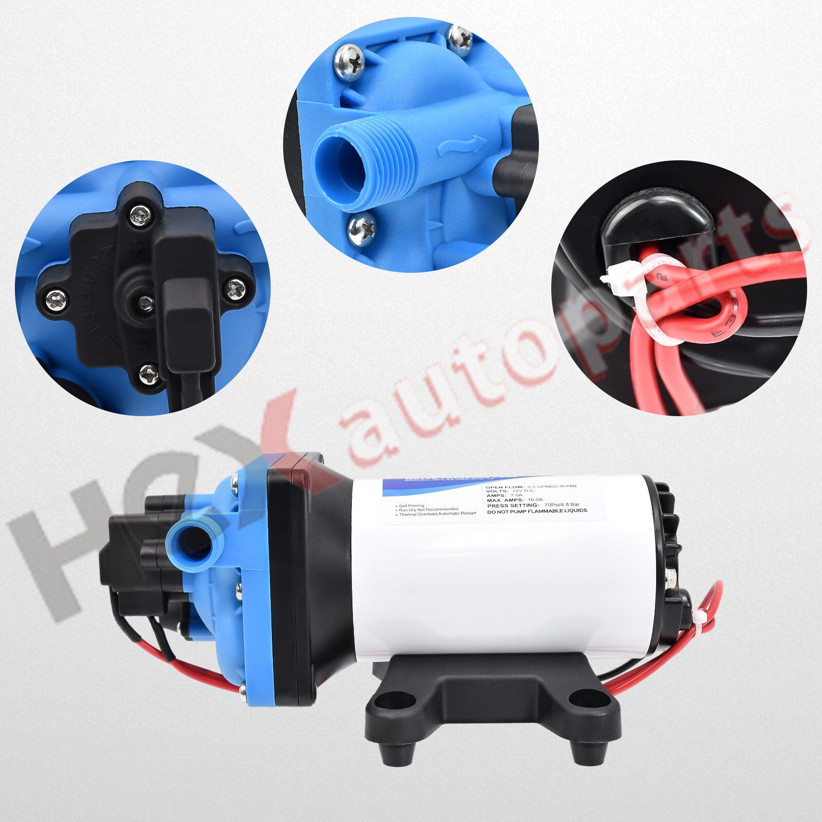 12V Fresh Water Pump 70W RV Diaphragm Pump With 2 Hose Clamp Self Priming Pump E - Foto 14