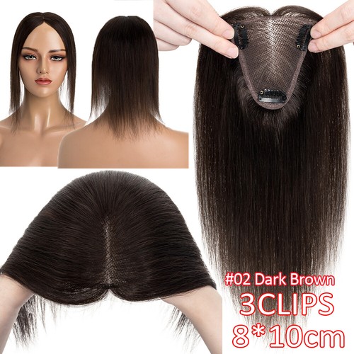 Women Topper Hairpiece Clip In Real 100% Human Hair Silk Base Toupee Wig & Bangs - Picture 29 of 75