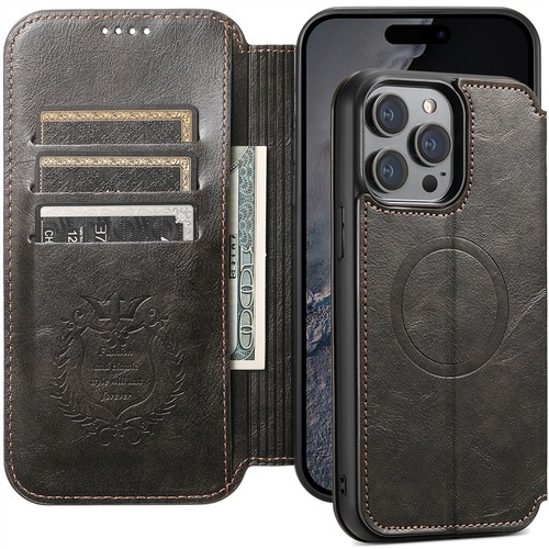 Leather Wallet Case for iPhone 16 14 16 ProMax Magnetic Mag Safe Card Slot Stand - Picture 12 of 39