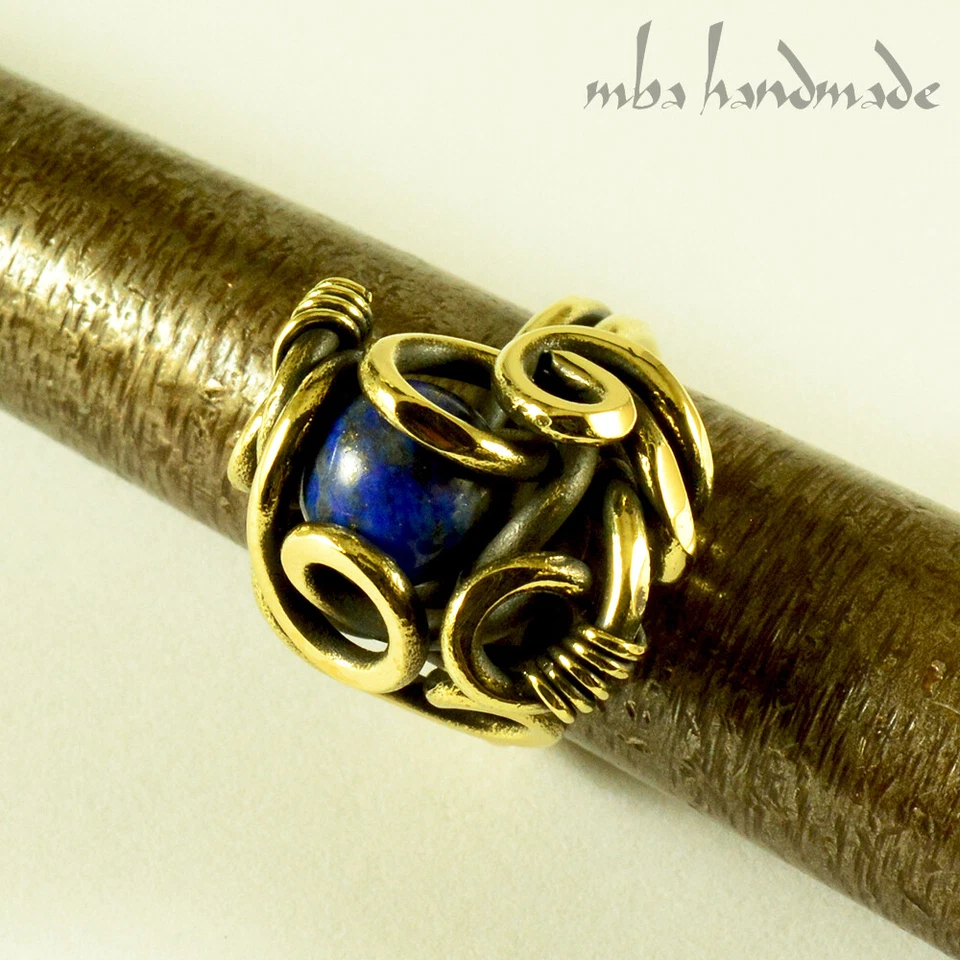 Anillo de cristal de lapislázuli tamaño 9 alambre de latón envuelto piedras preciosas joyería artesanal Foto 2 de 4