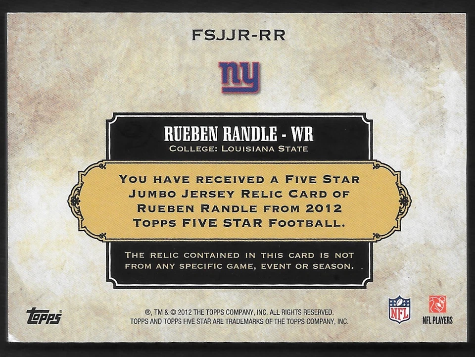2012 Topps Five Star Jersey Relics Gold #1/25 Rueben Randle Rookie Jumbo Patch - Image 2 of 2