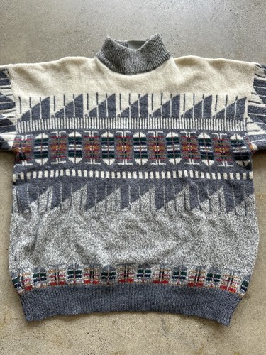 Vintage 1990s Hero Nordic Fair Isle Mock Neck Pure New Wool Sweater L - Picture 2 of 13