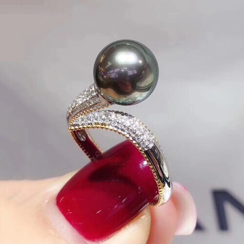 NEU Perfekter runder AAAA++++ 9-10mm Tahiti schwarze Perlen Ring 925er - Bild 2 von 3