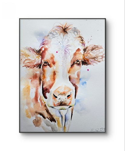 Original signiertes großes Aquarell Kunst neues Gemälde einer Kuh von Elle Smith Art - Bild 1 von 7