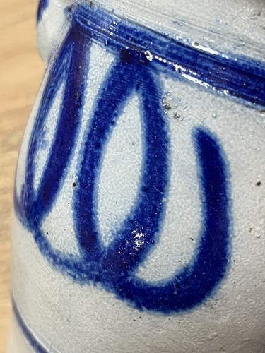Vasija pintada a mano azul cobalto esmalte sal 2 asas Alemania Westerwald antigua - Imagen 16 de 16