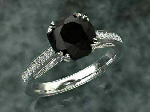 2.00Ct Round Cut Lab-Created Black Diamond Engagement Ring 14K White Gold Finish - Picture 1 of 4