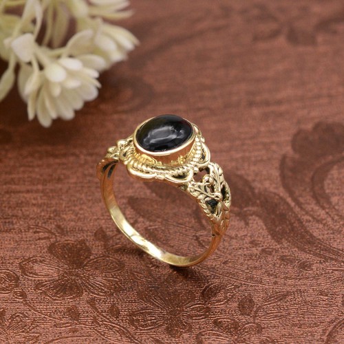 Black Onyx Ring Brass Women Ring Promise Engagement Ring Handmade Gift For Her - Picture 2 of 6