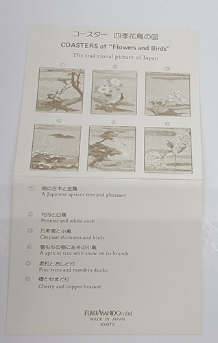 Vintage japanische 6 Untersetzer Blumen und Vögel Papier Kunststoff Abdeckung Set FUKUI ASAHIDO - Bild 3 von 5