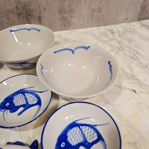 Dinner Set For 4 Handpainted Koi Fish Rice Bowls Spoons, Plates, Chopstick Rests - Picture 12 of 16