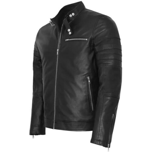Men's Biker Style Cafe Racer Motorcycle Real Black Lambskin Leather Jacket UK - Picture 2 of 5