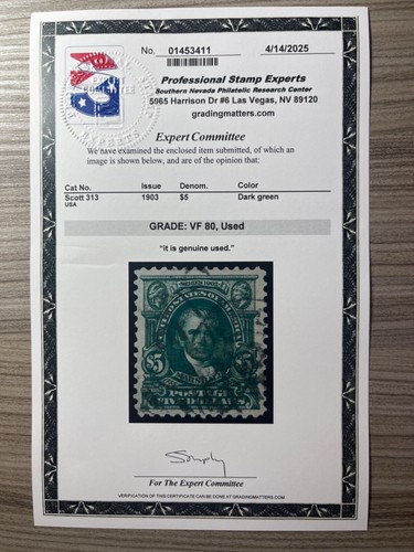 MOMEN: US STAMPS #313 USED PSE GRADED CERT VF-80 LOT #94340-9 - Picture 2 of 2