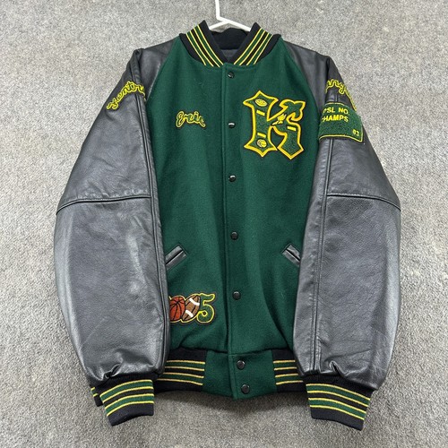 VINTAGE Dehen Jacket Men 2XL Green Black Varsity Bomber Wool Genuine Leather Y2K