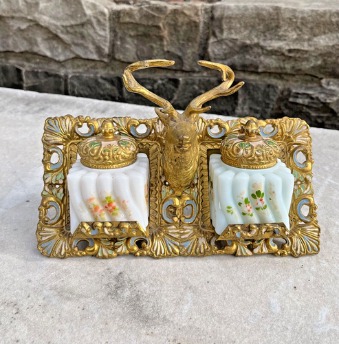 Antiker emaillierter Messing Hirschkopf Doppel Tintenfass ANKER S.P. co. - Bild 1 von 17