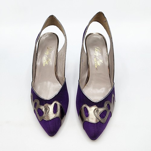 Lady Mia Purple Silver Heels Pointed Toe Slingback Pump Women's 9 Fabric Spain