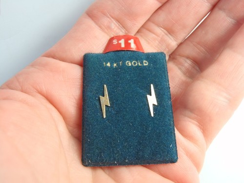 Solid 14kt Yellow Gold Lightning Bolt Stud Earrings Small Dainty Earrings New - Picture 13 of 21