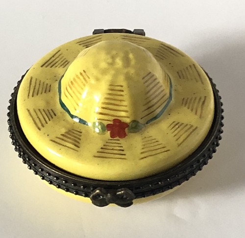 Vintage Giallo Cappello Sole Trinket Box Mini Cappello Porcellana Cerniera PHB - Foto 2 di 12