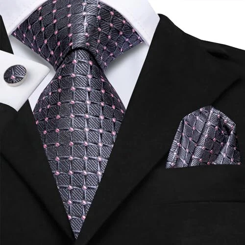 Juego de corbatas tejidas para hombre corbata y solapa alfiler bolsillo cuadrado gris rosa a cuadros Foto 3 de 4