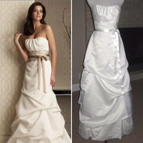 Mikaella Designer Wedding Dress Strapless Bubble Hem White Satin Lace 4 $1490 - Picture 1 of 7