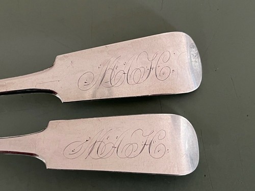 X Pair William Rogers Hartford CT Coin Silver Tablespoons serving spoons c1835 - Picture 2 of 3