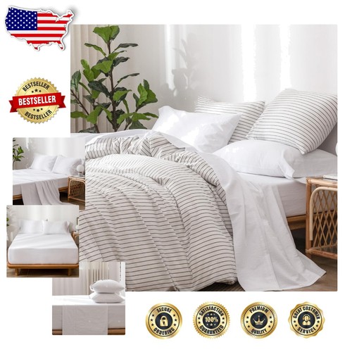 4-Piece White Cotton Linen-Like Sheet Set for California King - Machine Washable