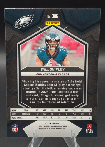 2024 Panini Mosaic #386 Silver Prizm Will Shipley RC Philadelphia Eagles Rookie - Picture 2 of 2
