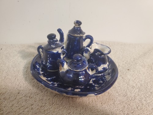 3 Set Childs Spongeware Stoneware Tea Set Cobalt Blue - Picture 6 of 7