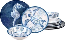 Oceanic 12 piece Melamine Dinnerware Set, Service for 4, Multi Colored