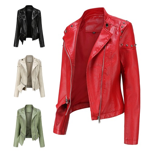 Rivet Stand-Up Collar Leather Jacket Women's Solid Color Jacket Women's Coat  - Bild 1 von 9